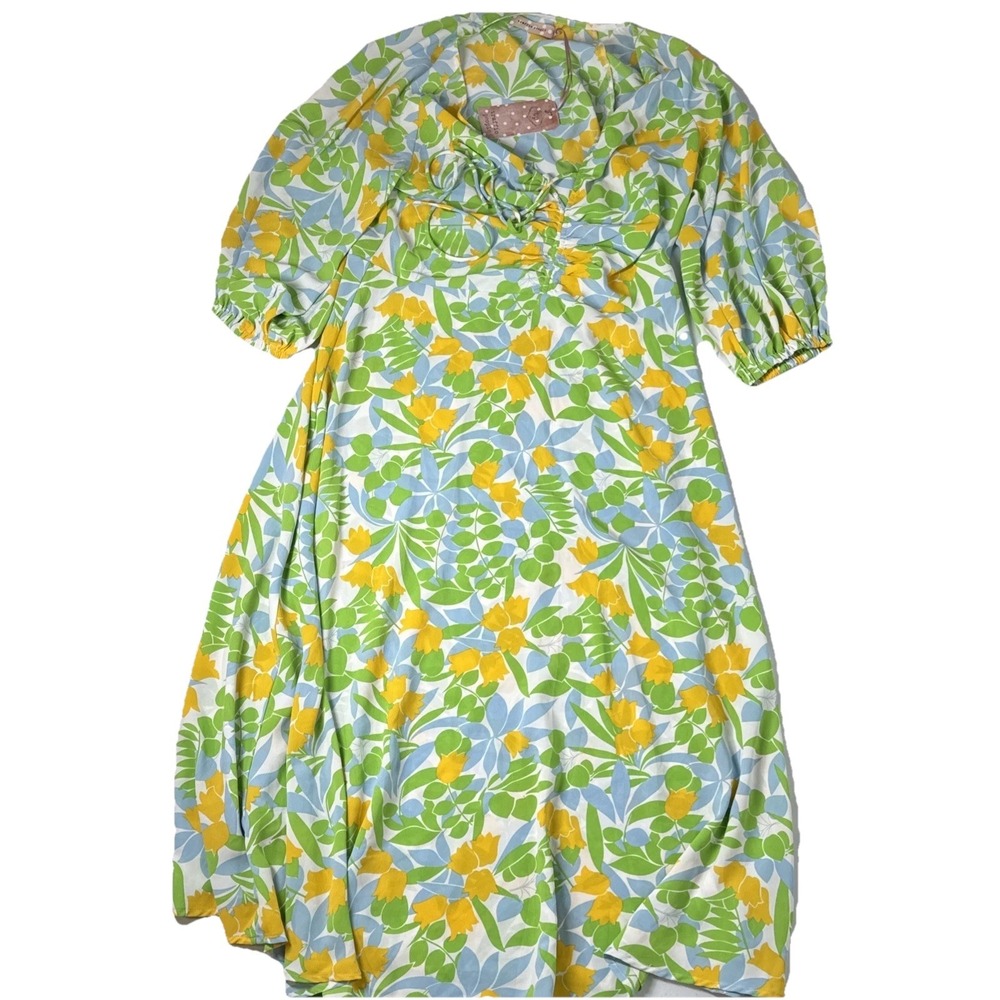 Traffic People Purity Retro Midi Dress New  Blue Yellow White Floral Large